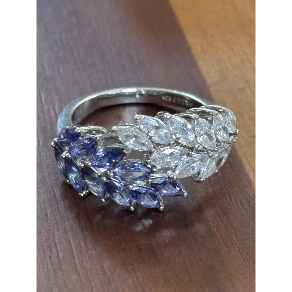PAJ 925 Sterling Silver Tanzanite & CZ Leaf Floral Ring Size 7
